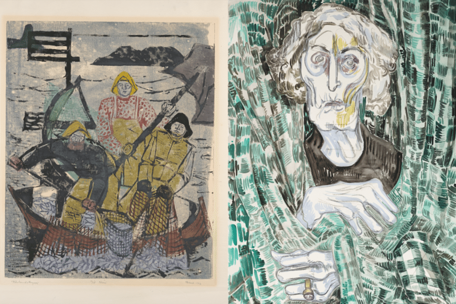 Left: Henrik Finne, Fiskere (Fishermen), (Three fishermen in a boat, hauling nets out of the sea; proof state) 1942, Colour woodcut. Right: Vanessa Baird, My Mother; (elderly female figure emerging from behind curtains) 2019, Watercolour